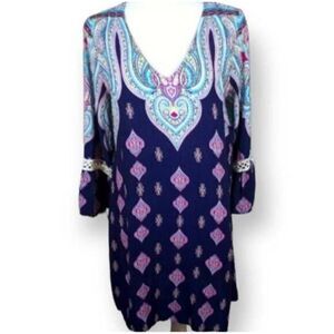 UMGEE USA BLUE & PINK BOHO-INSPIRED VNECK DRESS SZ.S EUC.